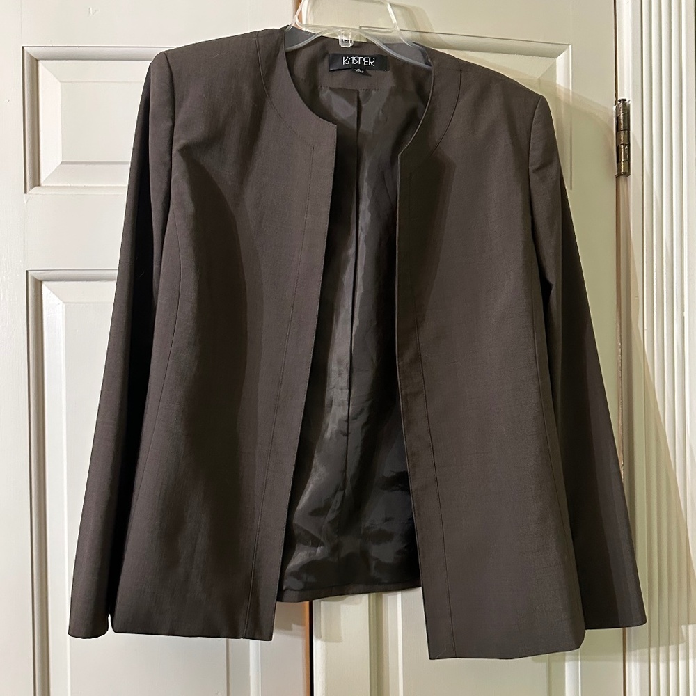 Kasper || Open Faced Brown Jacket || Shoulder Pads || Size 16 || Dry Clean